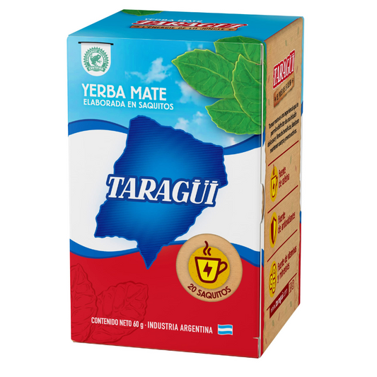 Photo d'un paquet de yerba maté comprenant 20 sachets de 3g de la marque Taraguii